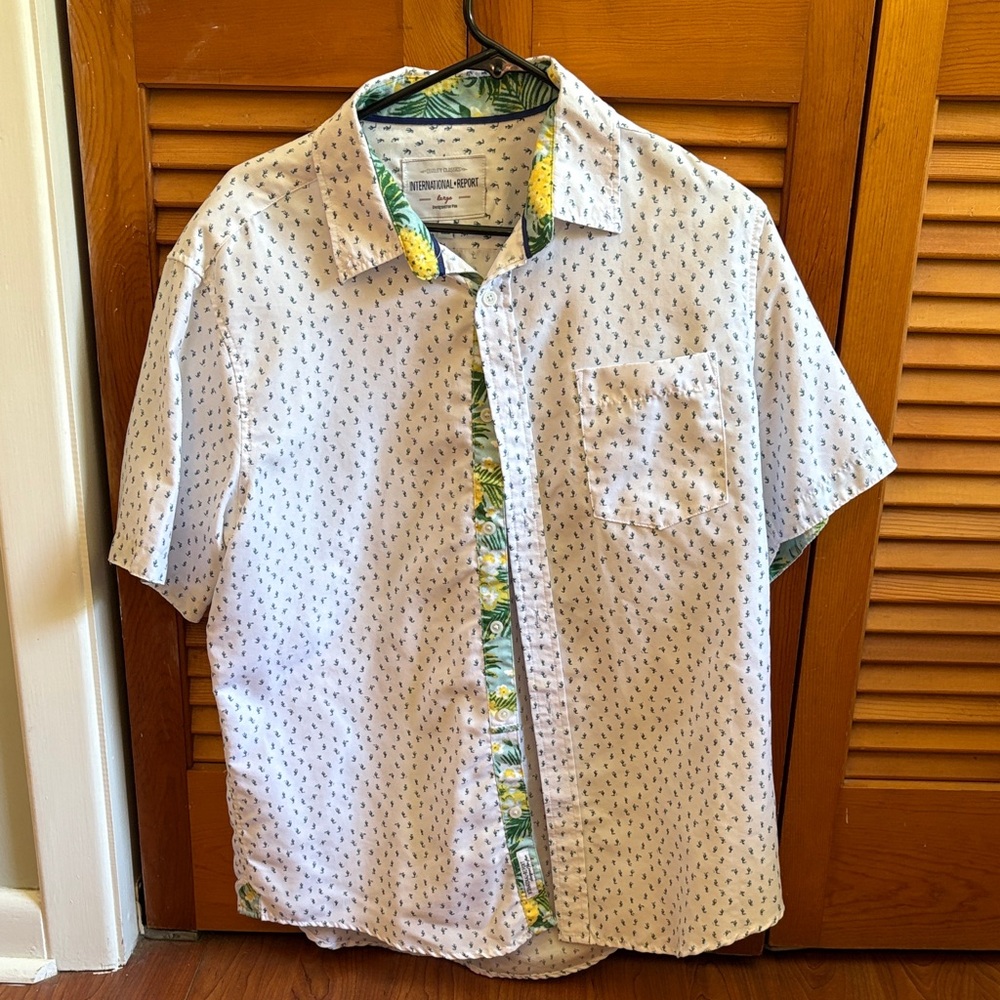 White and Green Men's Casual Button Down Shirt - Cactus, Pineapple